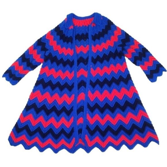 Crochet Granny Square Coat XL Cardigan Handmade Afghan Chevron Rainbow Red Blue - Picture 1 of 11
